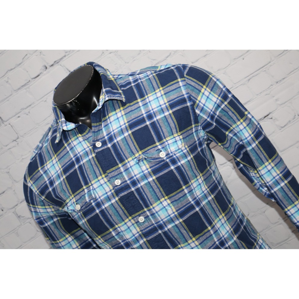 Express Button Down Shirt Mens Medium Blue Plaid Linen Blend Dual Pockets